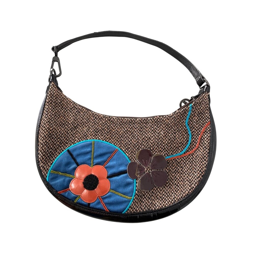 Longchamp Floral Tweed Handbag Shoulder Bag Brown Black Boho Party Cocktail Chic